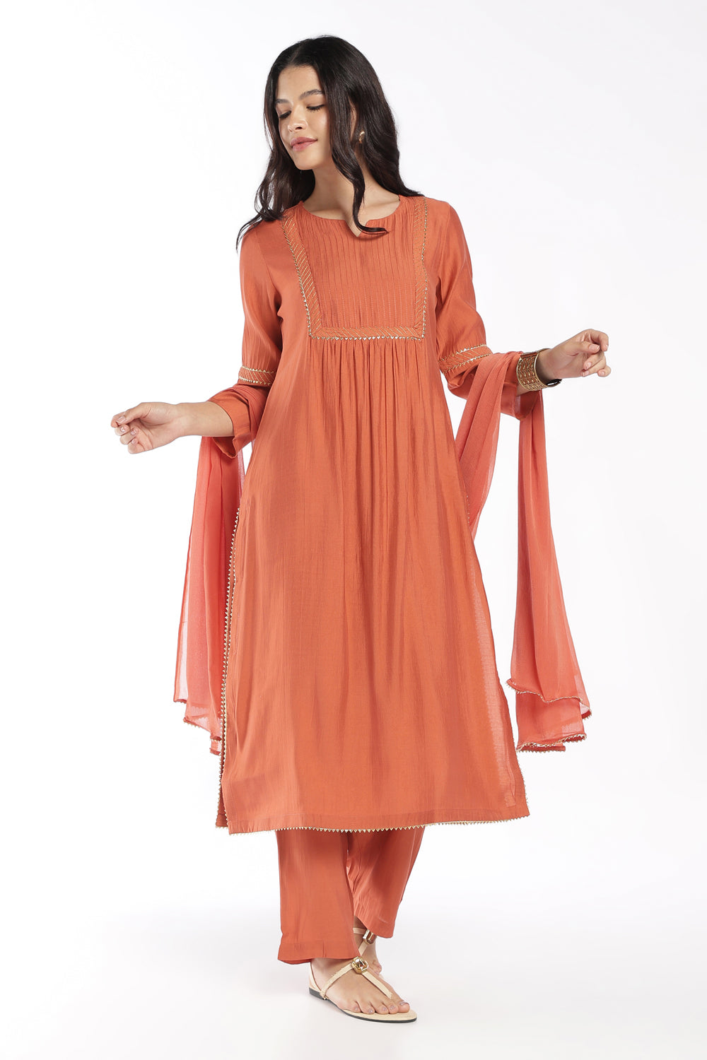 Womens Flared Rust Solid Kurta Pant Set - Image 1