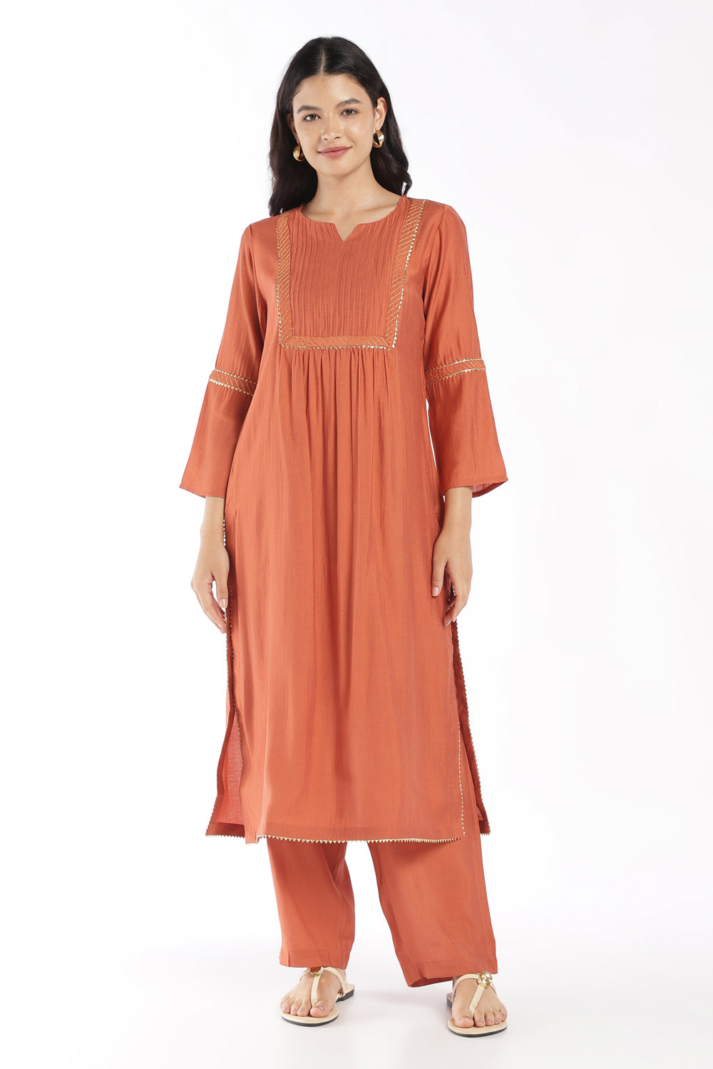 Womens Flared Rust Solid Kurta Pant Set - Image 2