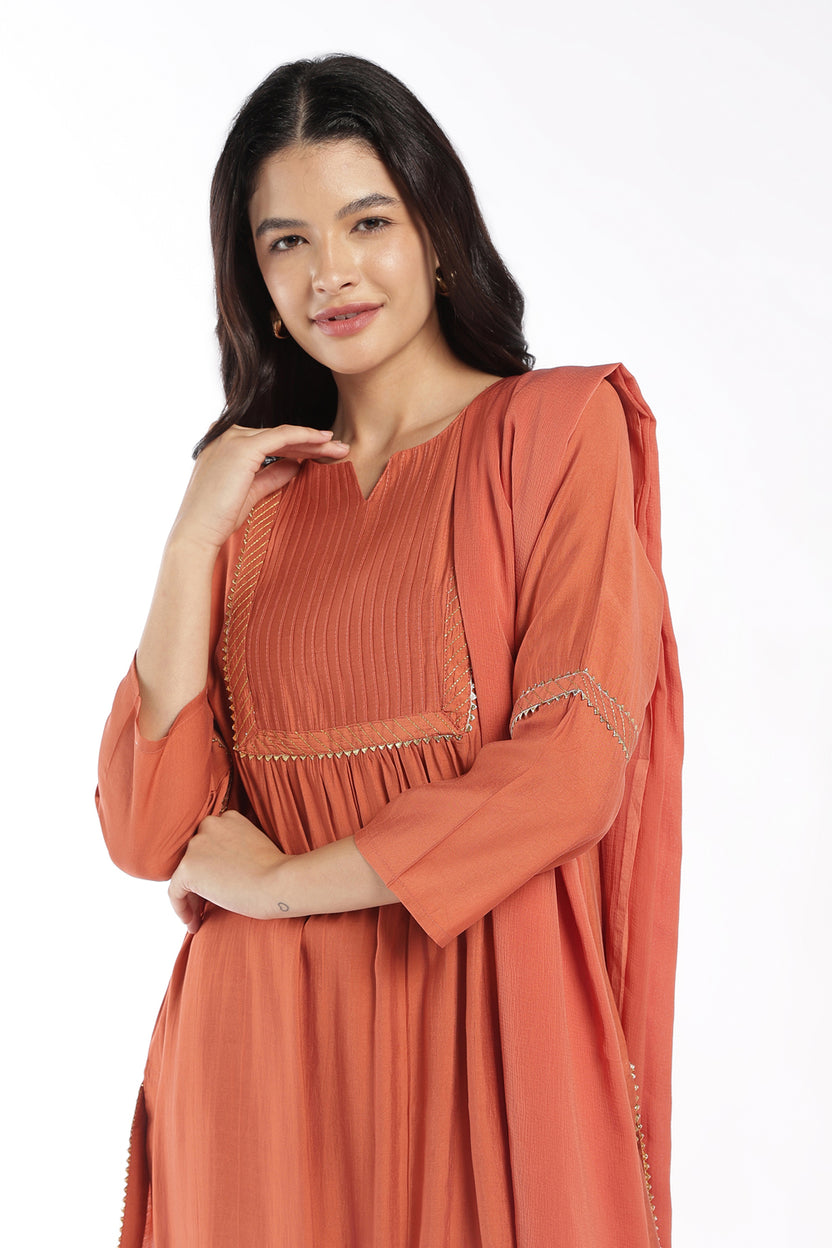 Womens Flared Rust Solid Kurta Pant Set - Image 3