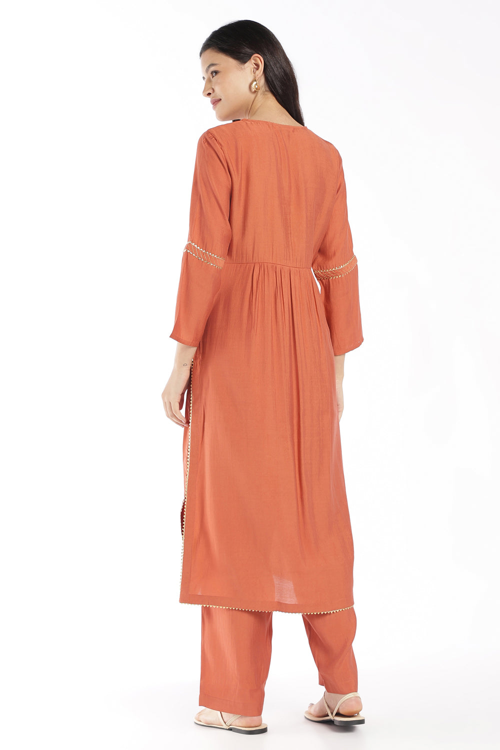 Womens Flared Rust Solid Kurta Pant Set - Image 4