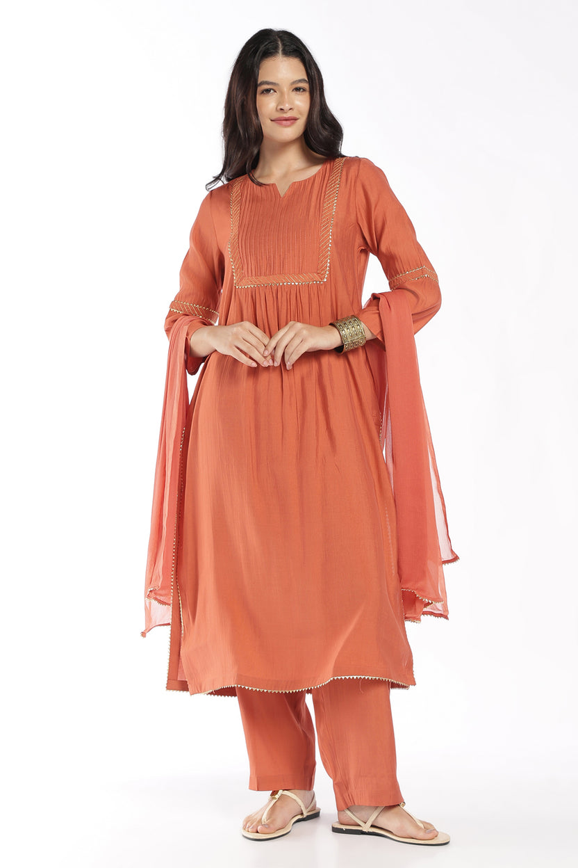 Womens Flared Rust Solid Kurta Pant Set - Image 6