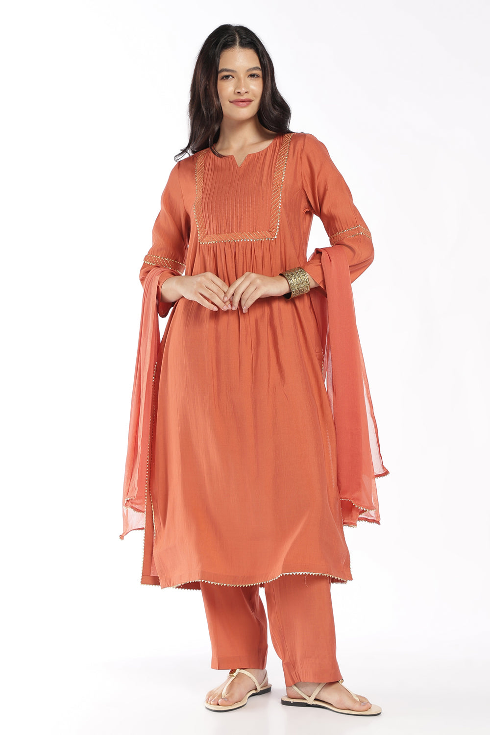 Womens Flared Rust Solid Kurta Pant Set - Image 6