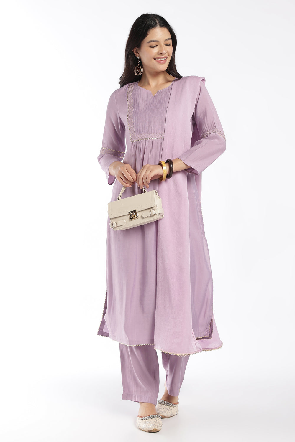 Womens Flared Lilac Solid Kurta Pant Dupatta Set - Image 1