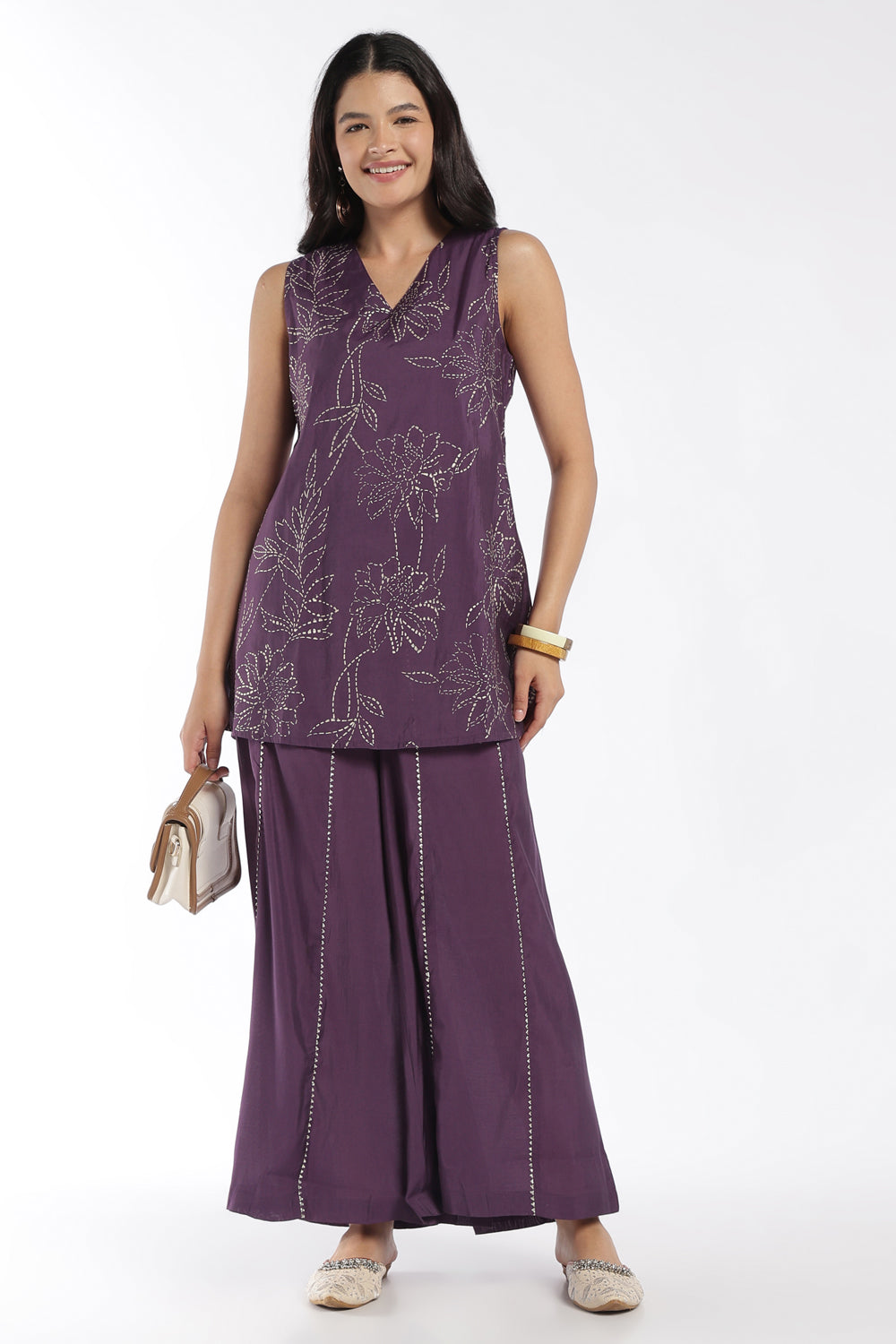 Womens Flared Purple Floral Kurta Palazzo Set - Image 1
