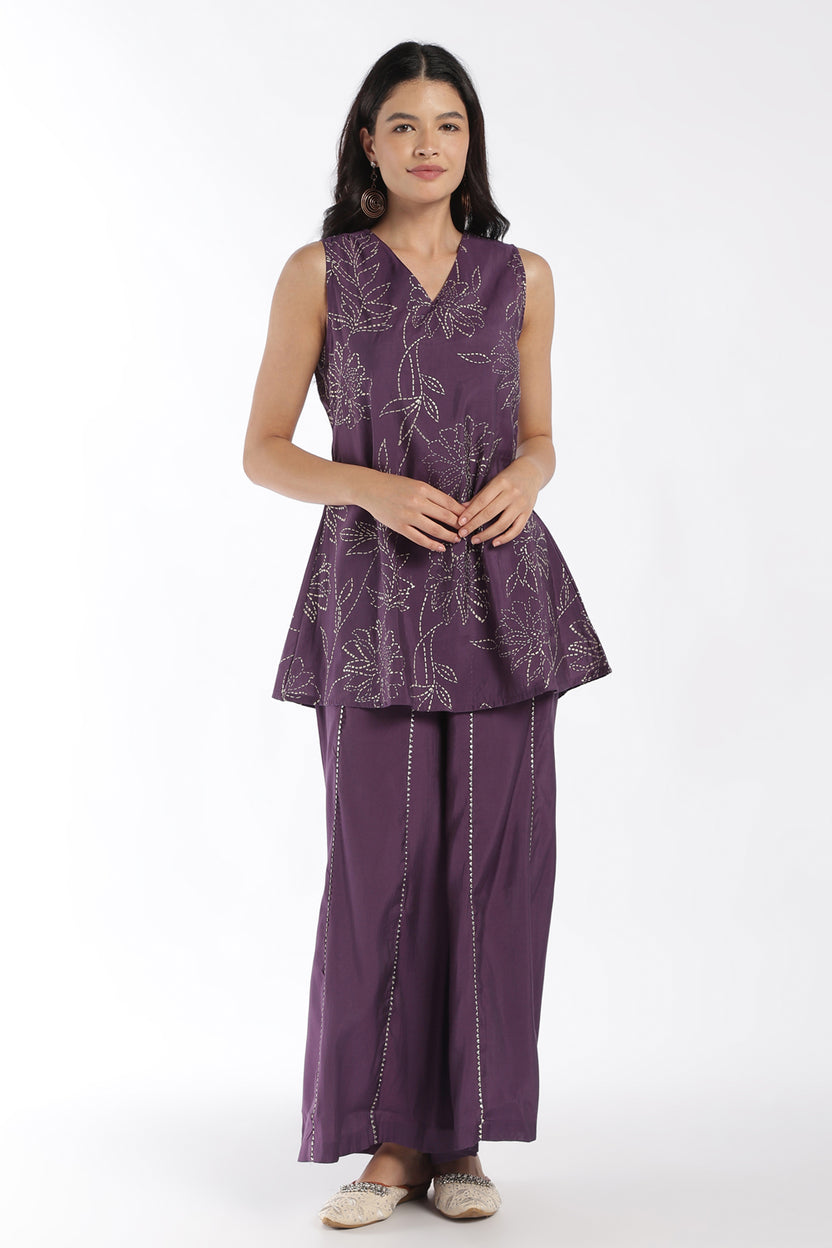 Womens Flared Purple Floral Kurta Palazzo Set - Image 2