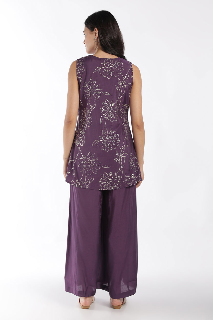 Womens Flared Purple Floral Kurta Palazzo Set - Image 4