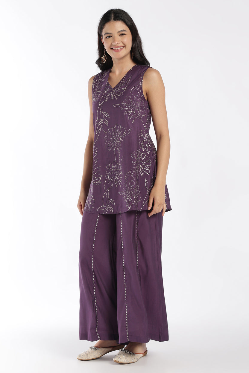 Womens Flared Purple Floral Kurta Palazzo Set - Image 6