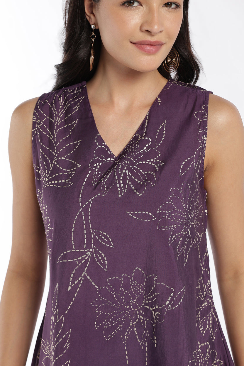 Womens Flared Purple Floral Kurta Palazzo Set - Image 7