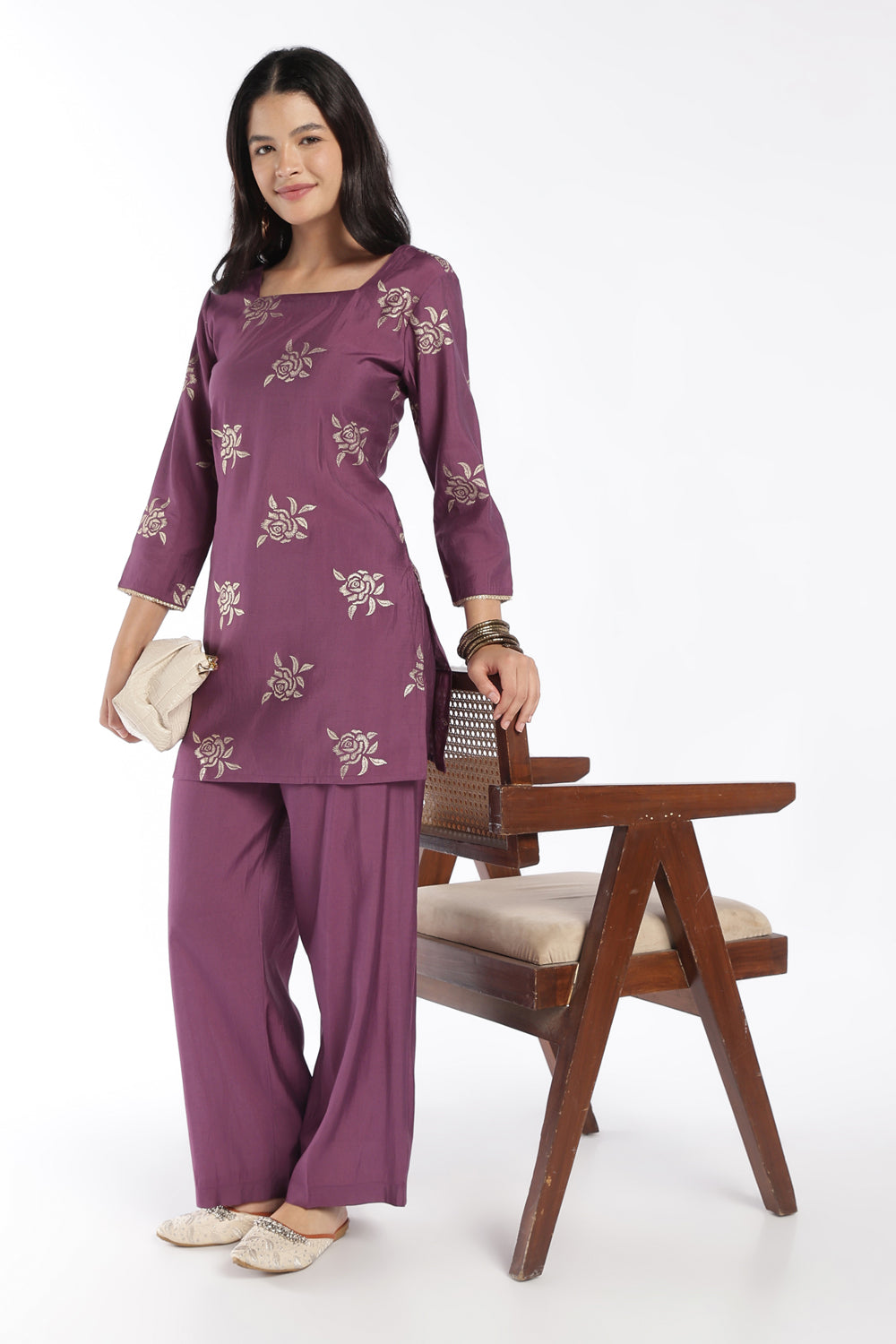 Womens Regular Fit Purple Floral Kurta Pant Set - Image 1