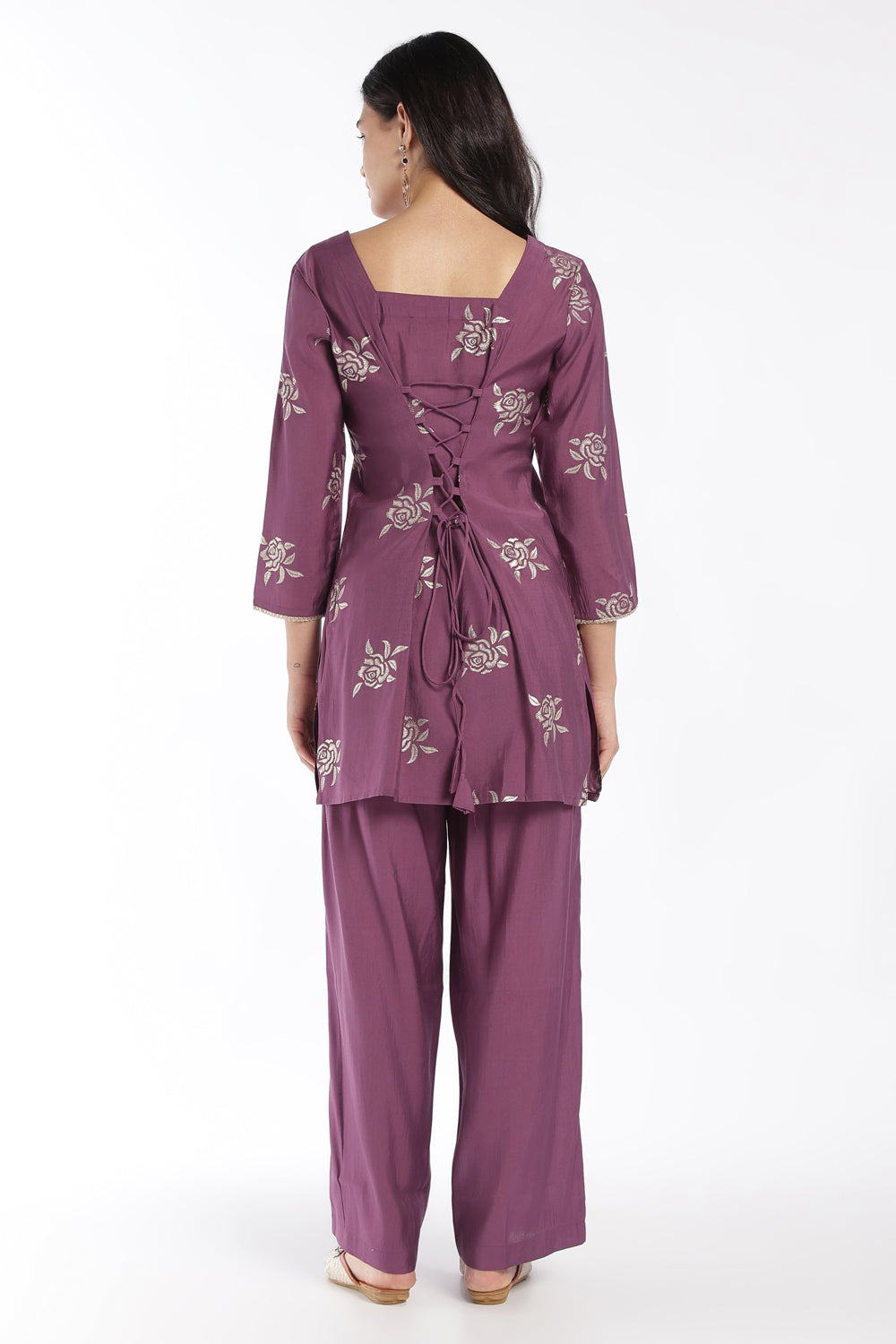Womens Regular Fit Purple Floral Kurta Pant Set - Image 4