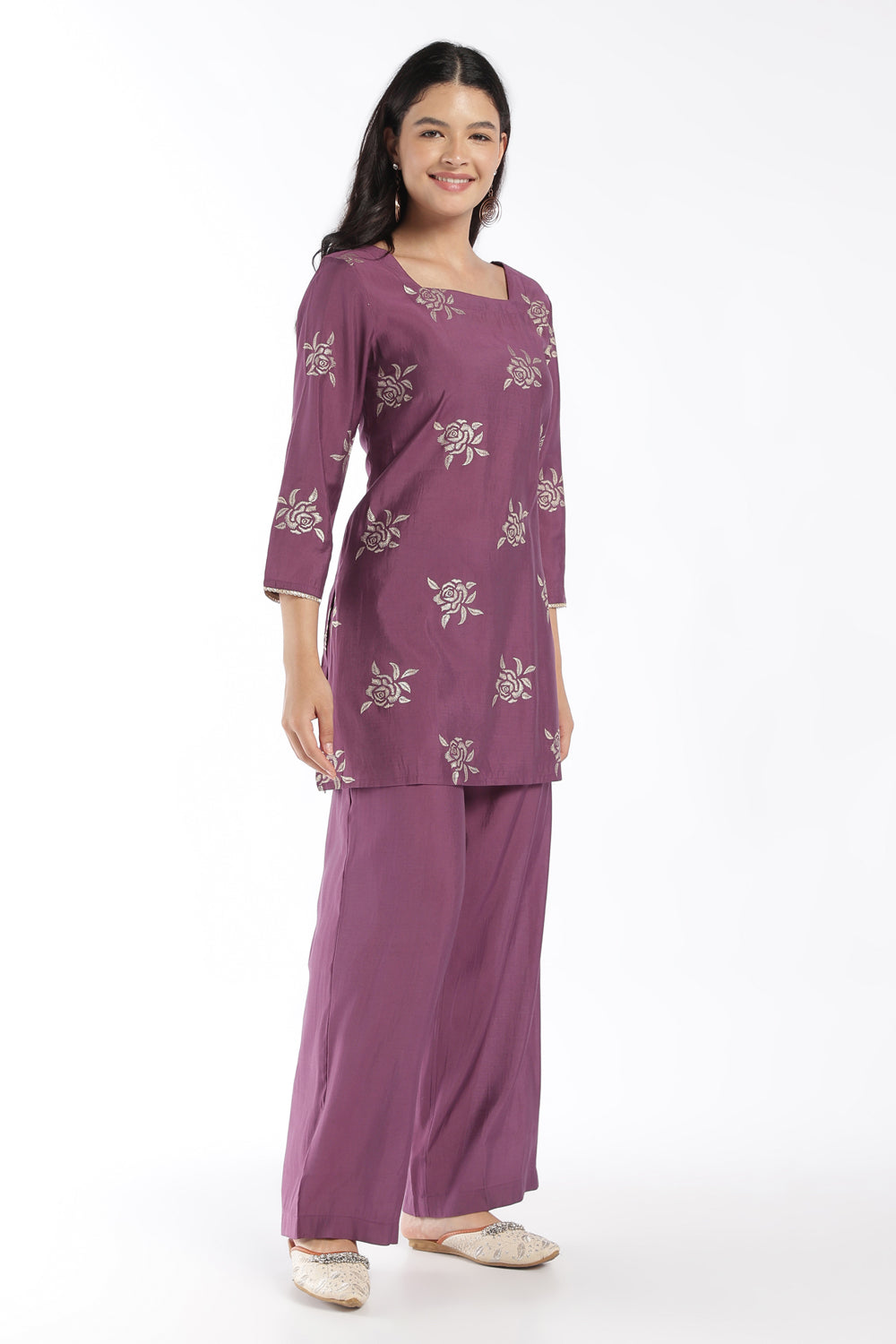 Womens Regular Fit Purple Floral Kurta Pant Set - Image 6