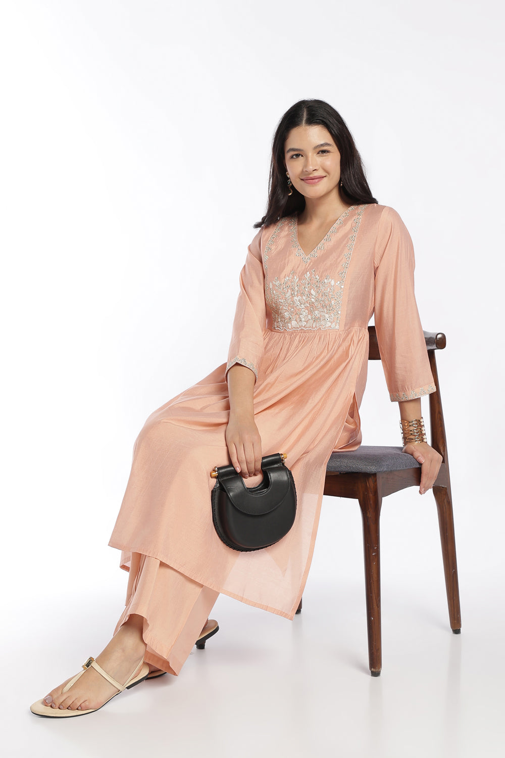 Womens Flared Peach Embroidered Kurta Pant Set - Image 1