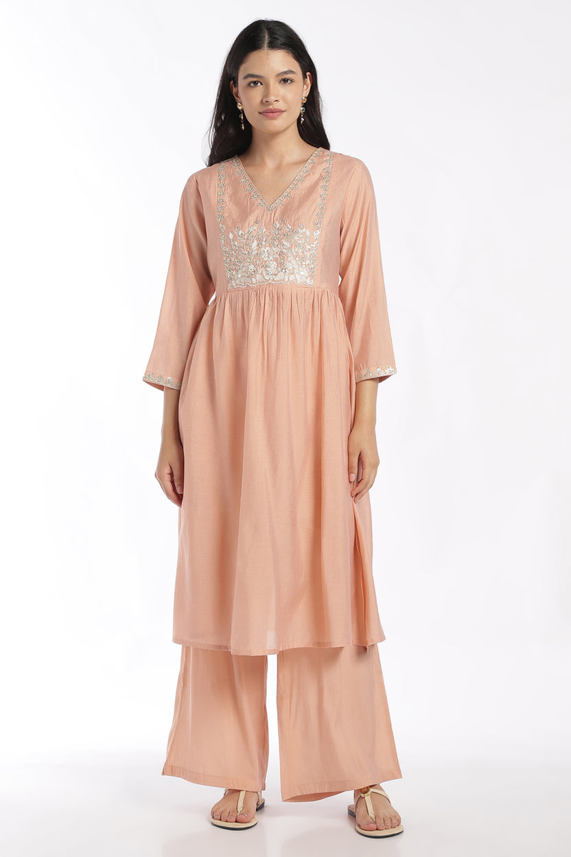 Womens Flared Peach Embroidered Kurta Pant Set - Image 2