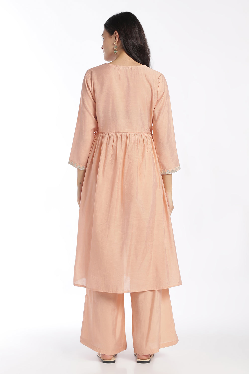 Womens Flared Peach Embroidered Kurta Pant Set - Image 4