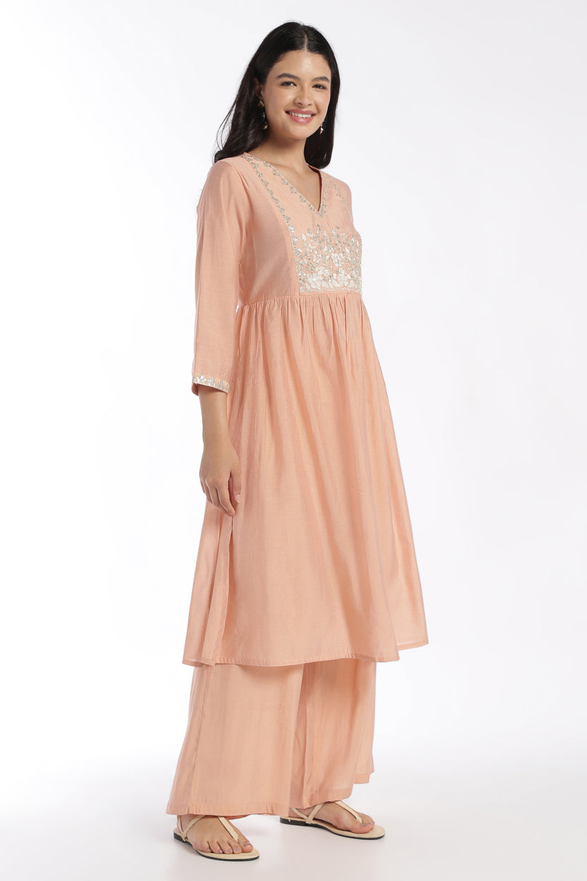 Womens Flared Peach Embroidered Kurta Pant Set - Image 6