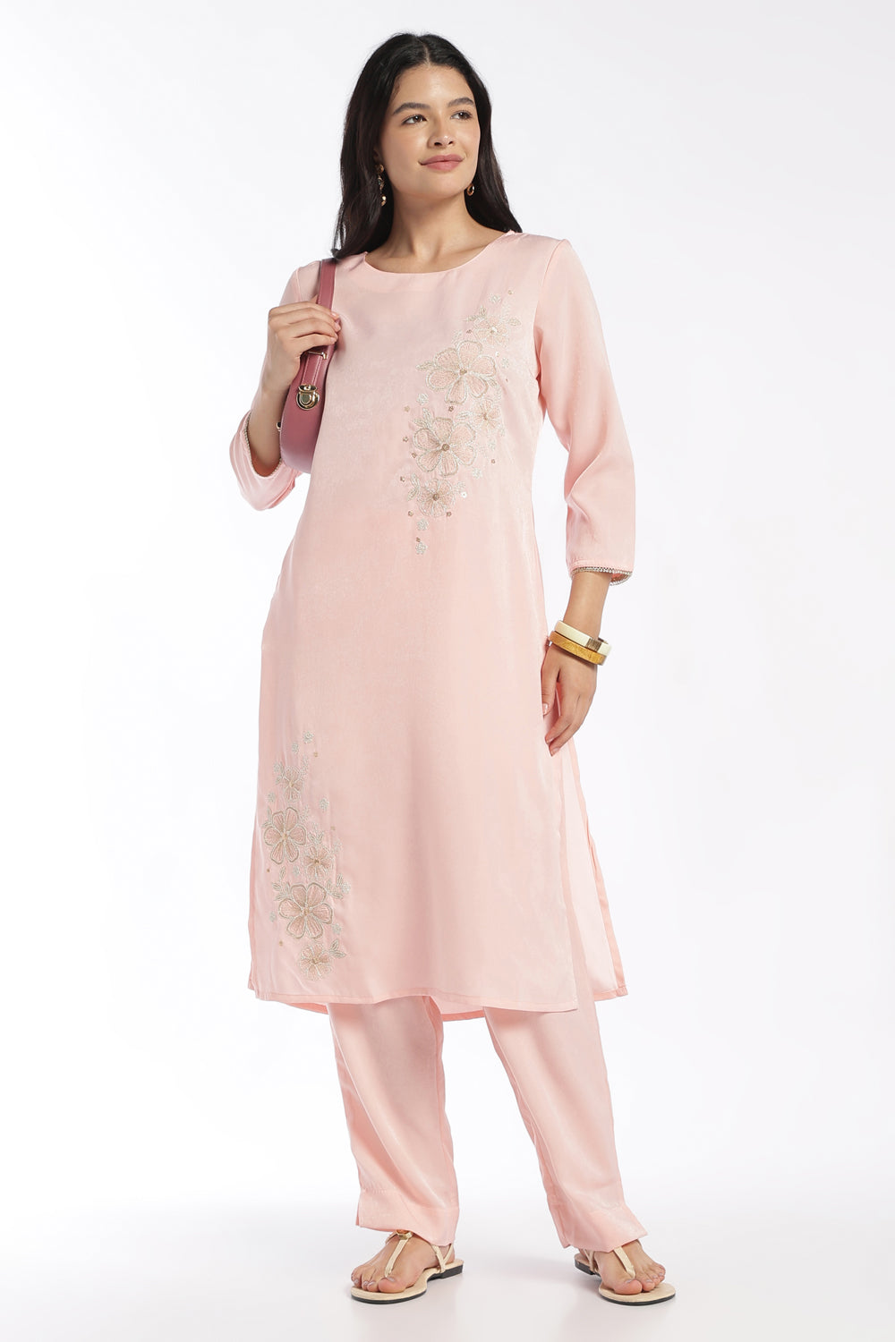 Womens Flared Pink Embroidered Kurta Pant Set - Image 1