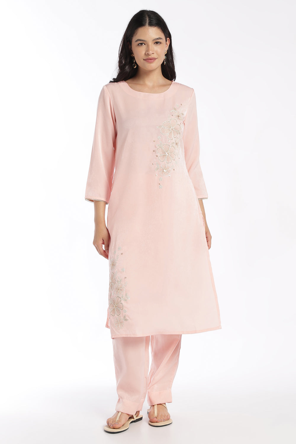 Womens Flared Pink Embroidered Kurta Pant Set - Image 2