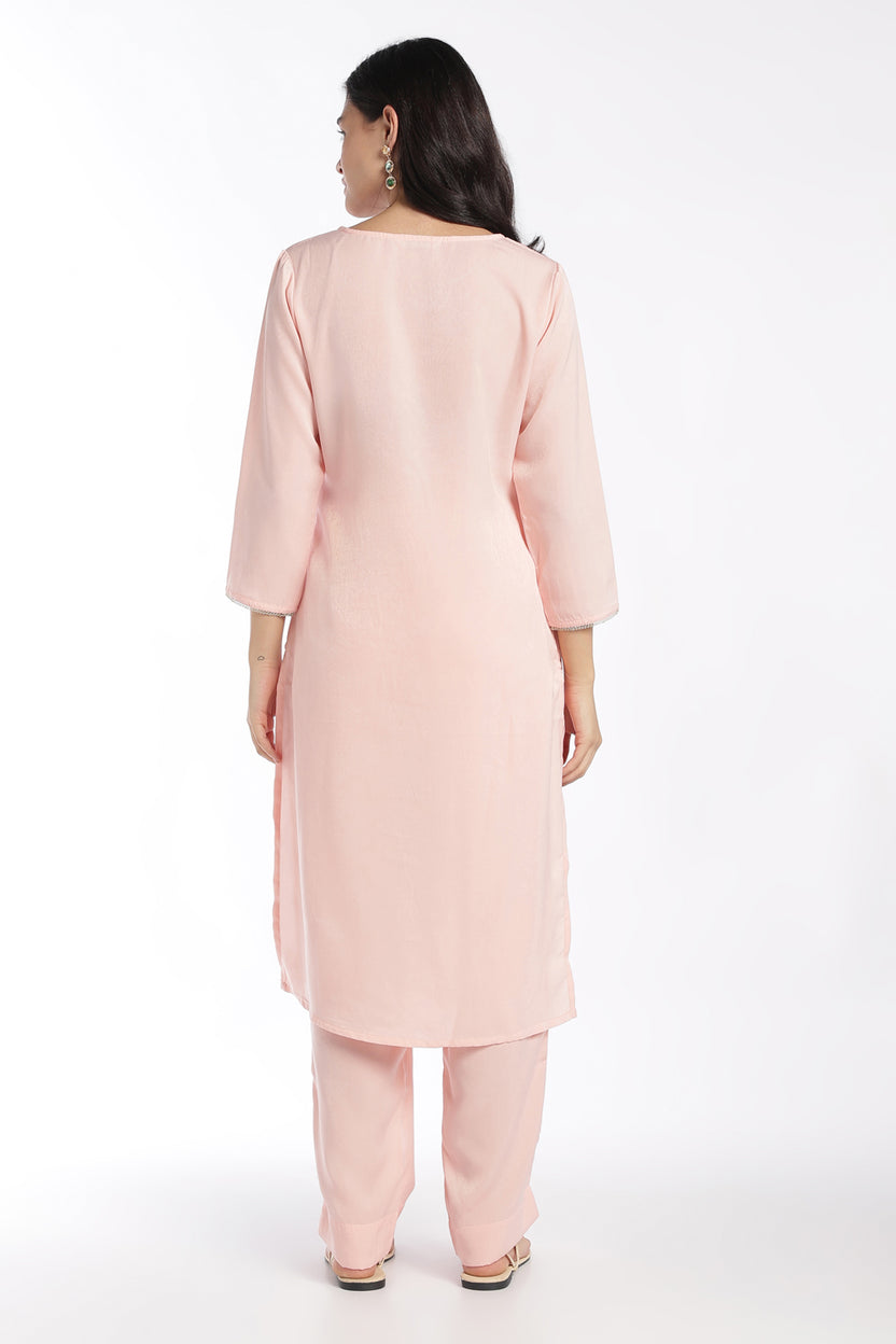 Womens Flared Pink Embroidered Kurta Pant Set - Image 4