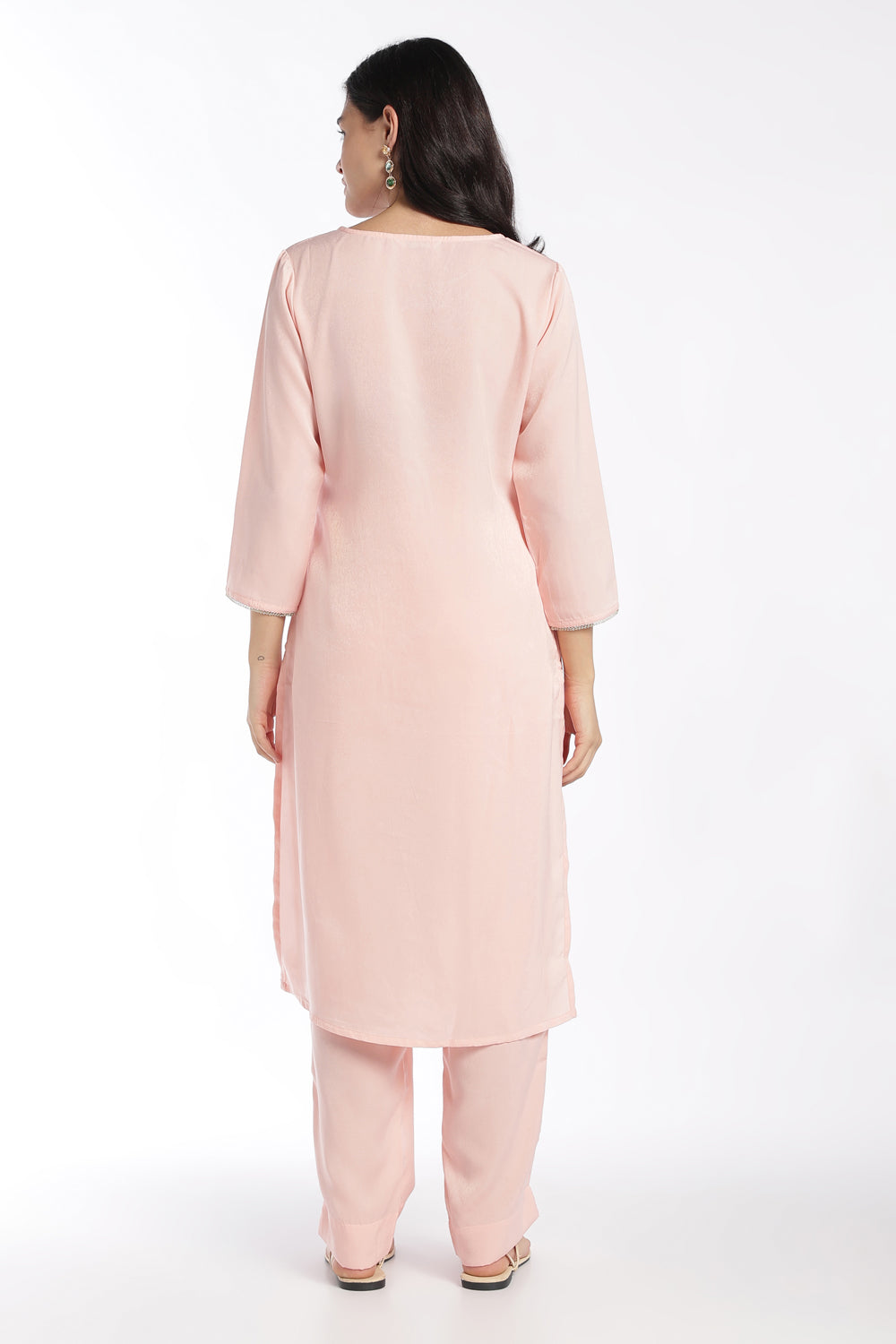 Womens Flared Pink Embroidered Kurta Pant Set - Image 4