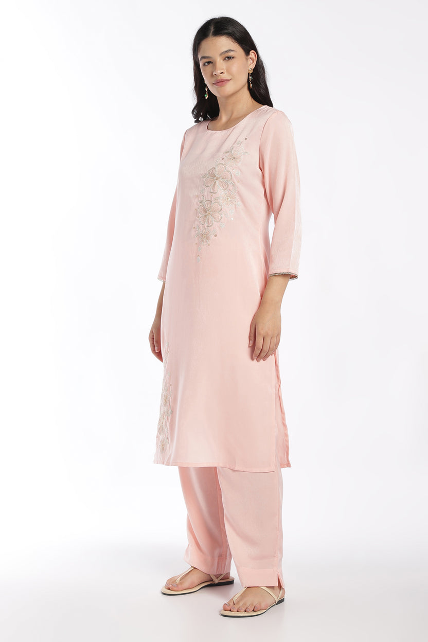 Womens Flared Pink Embroidered Kurta Pant Set - Image 6
