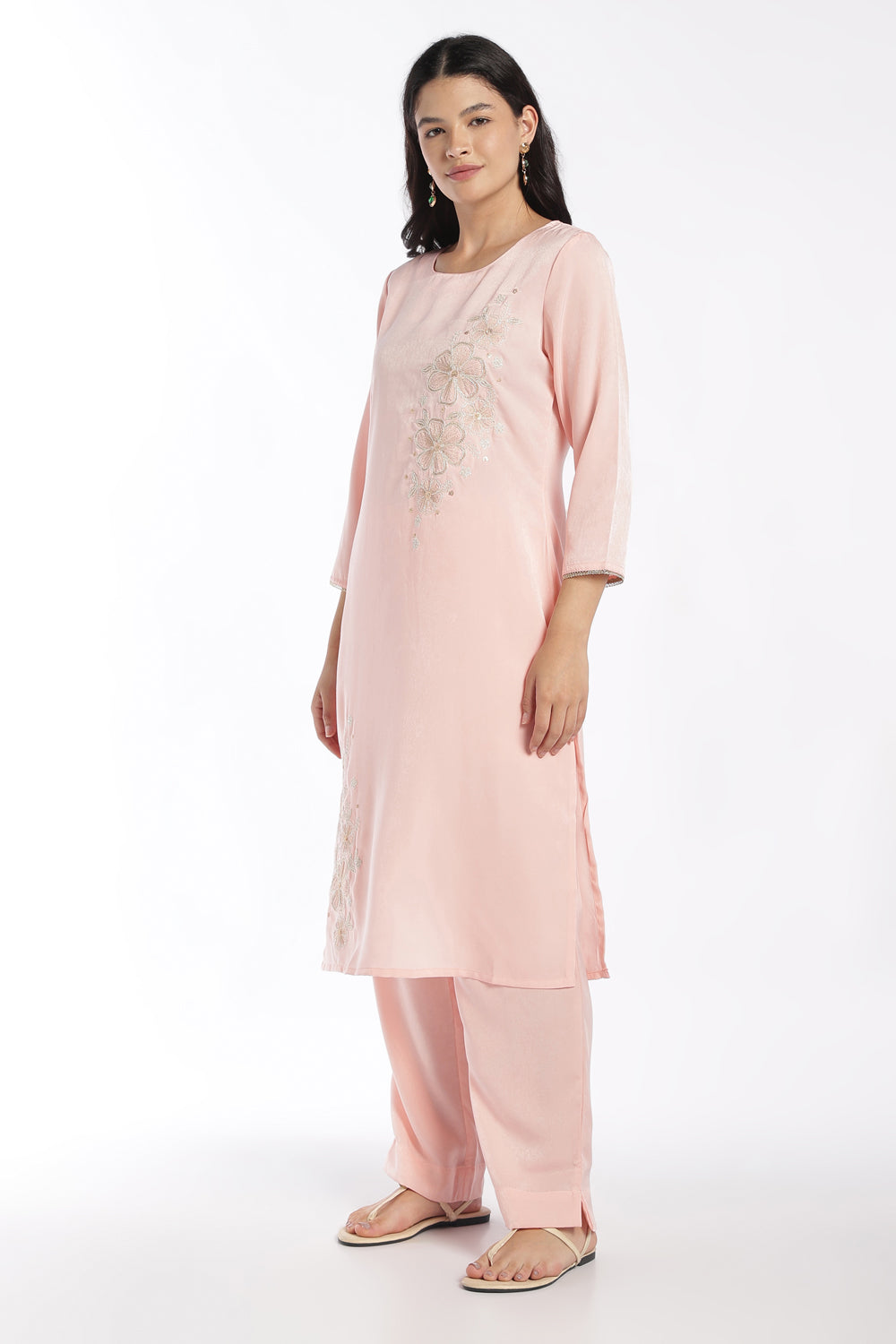 Womens Flared Pink Embroidered Kurta Pant Set - Image 6
