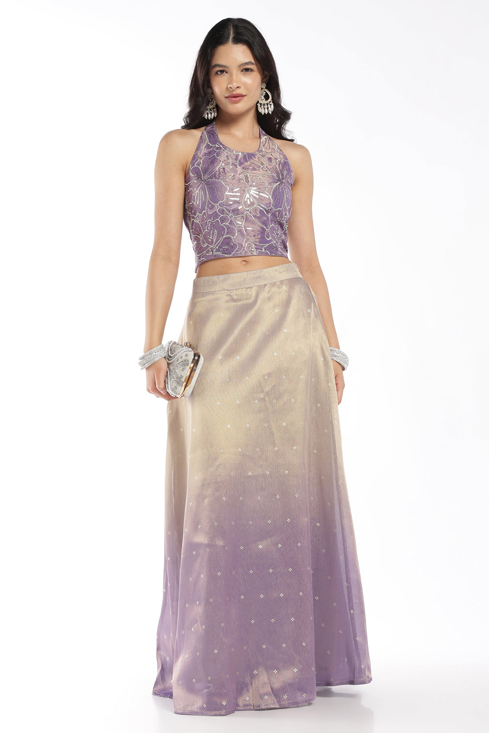 Womens Flared Lilac Ombre Gold Printed Skirts - Image 6