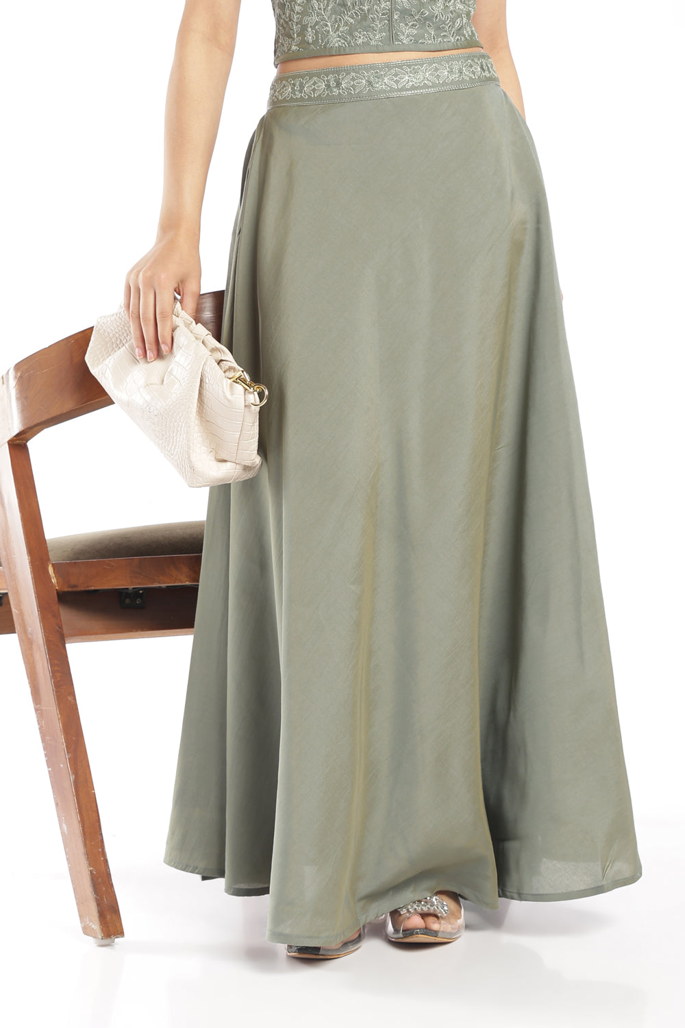 Womens Flared Green Embroidered Maxi Skirt - Image 1