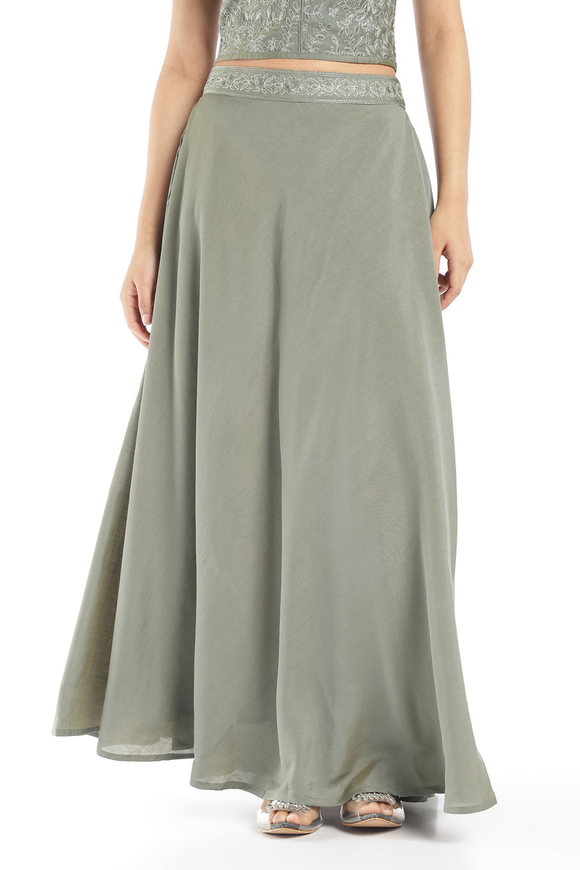 Womens Flared Green Embroidered Maxi Skirt - Image 2
