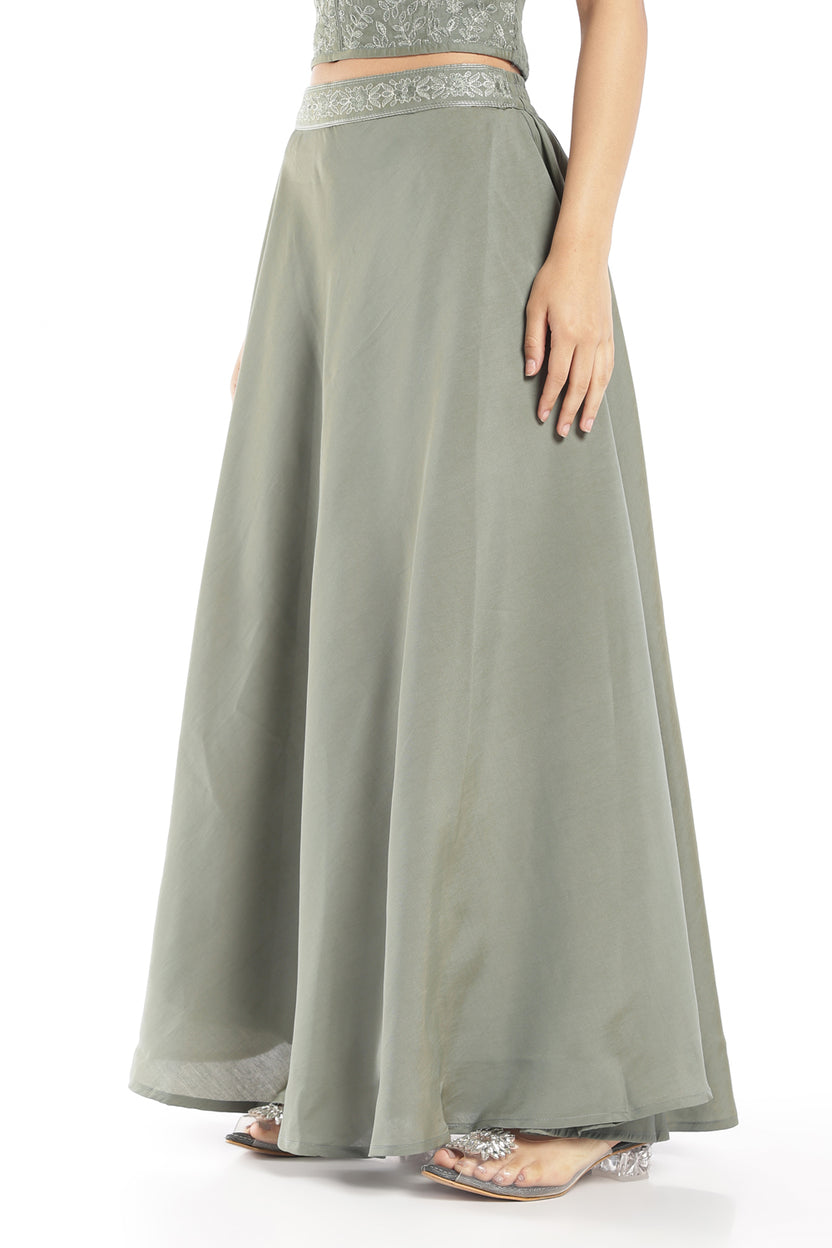 Womens Flared Green Embroidered Maxi Skirt - Image 4