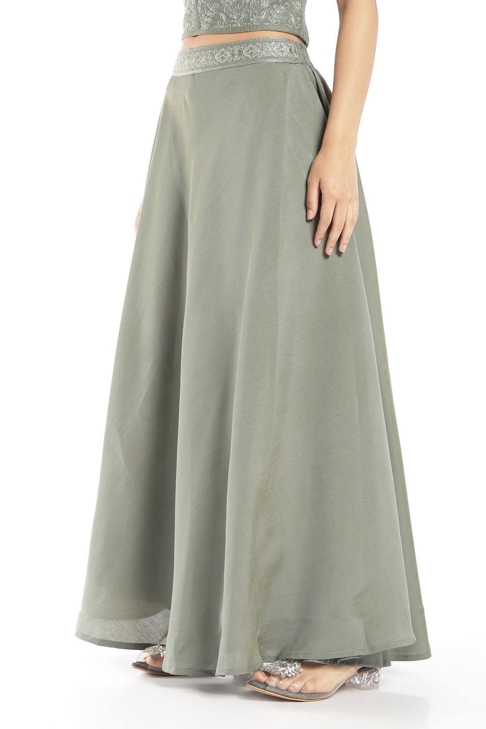 Womens Flared Green Embroidered Maxi Skirt - Image 4