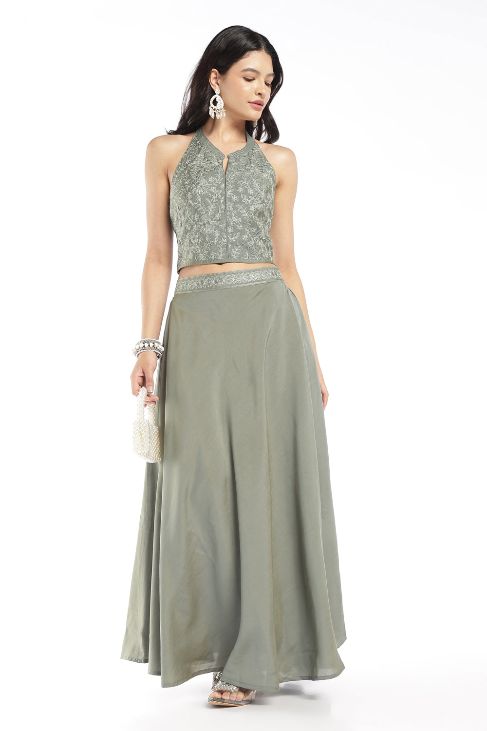 Womens Flared Green Embroidered Maxi Skirt - Image 6