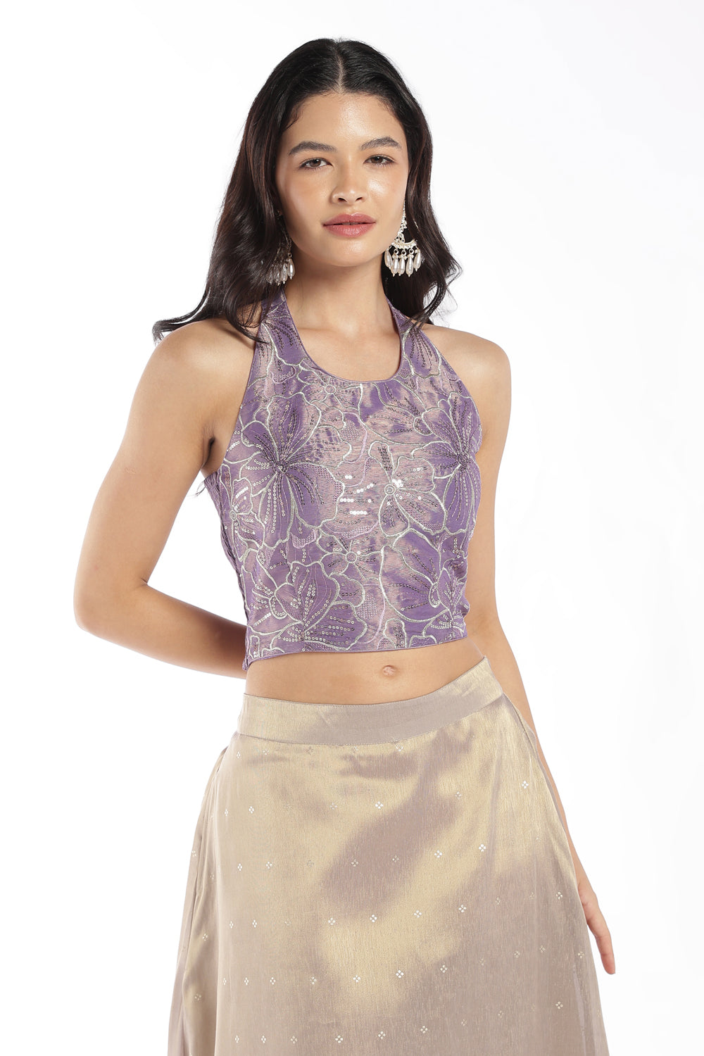 Womens Lilac Embellished Halter Crop Top - Image 2