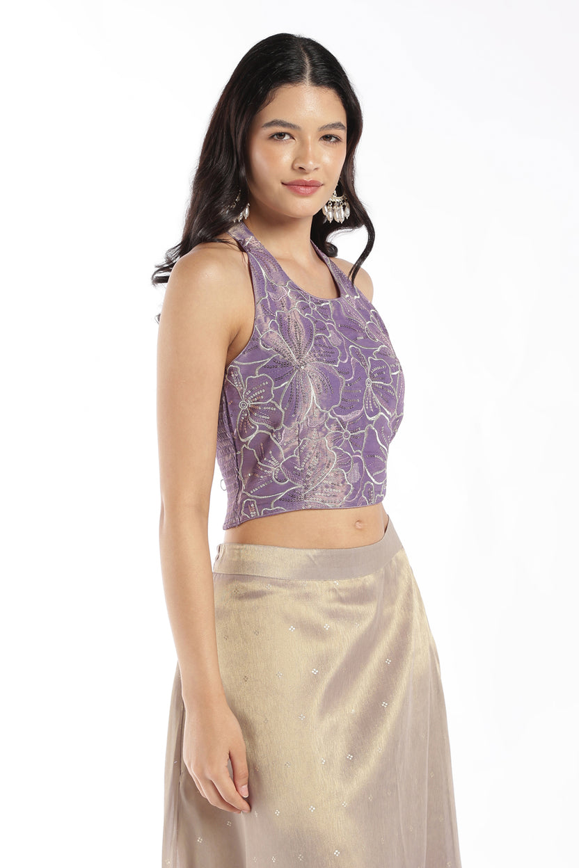 Womens Lilac Embellished Halter Crop Top - Image 4