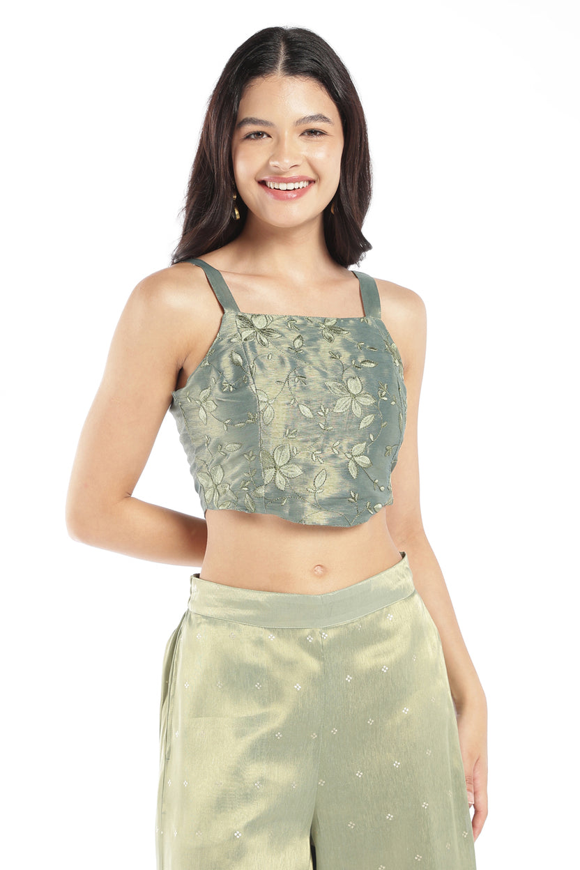 Womens Green Embroidered Strappy Crop Top - Image 2