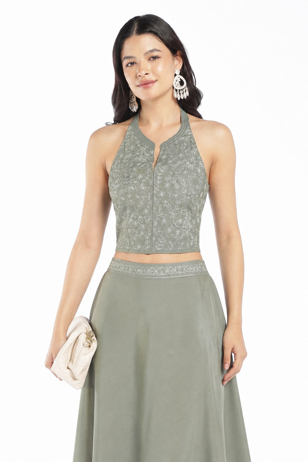 Womens Green Embroidered Halter Crop Top - Image 1