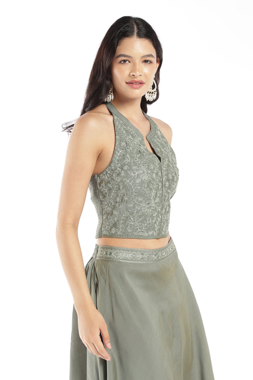 Womens Green Embroidered Halter Crop Top - Image 4
