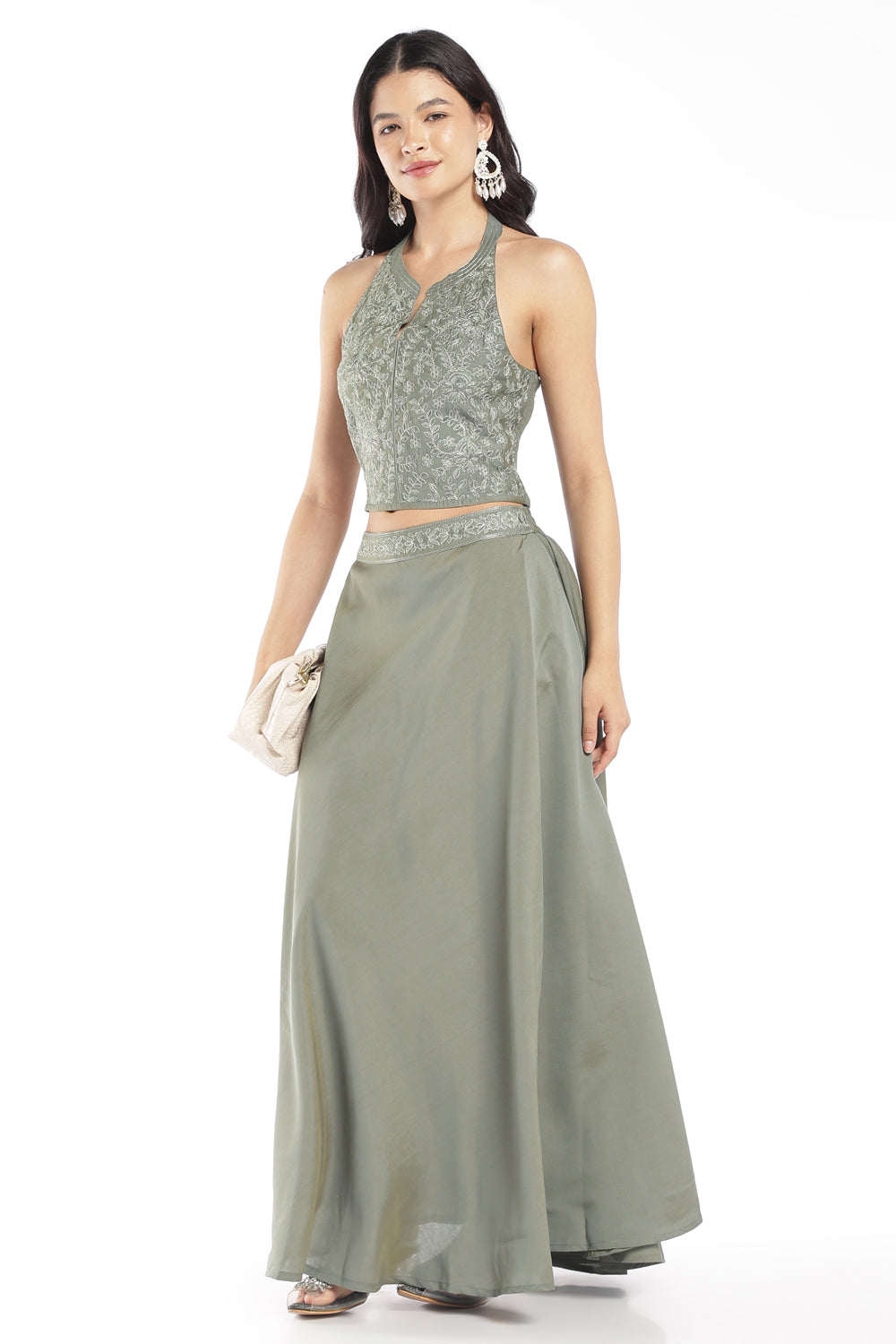 Womens Green Embroidered Halter Crop Top - Image 6