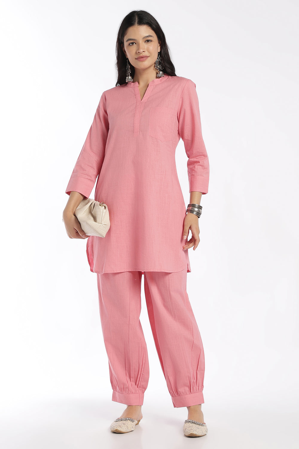 Womens Regular Fit Pink Solid Kurta Pant Set - Image 1
