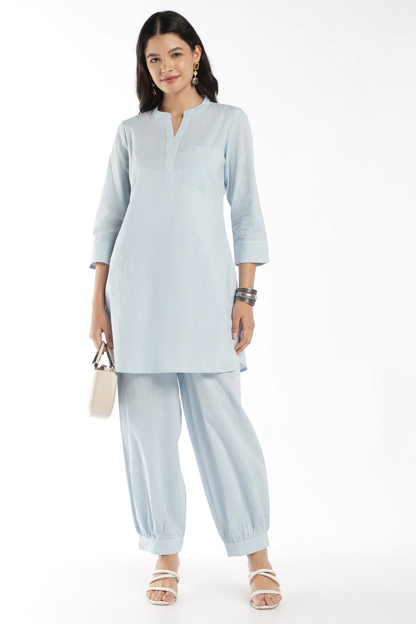 Womens Regular Fit Light Blue Solid Kurta Pant Set - Image 1