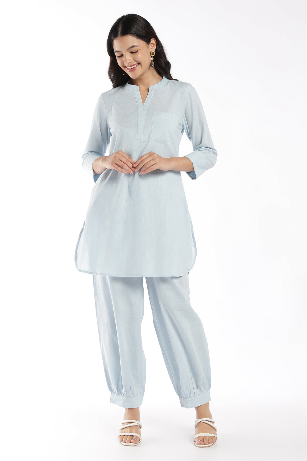 Womens Regular Fit Light Blue Solid Kurta Pant Set - Image 2
