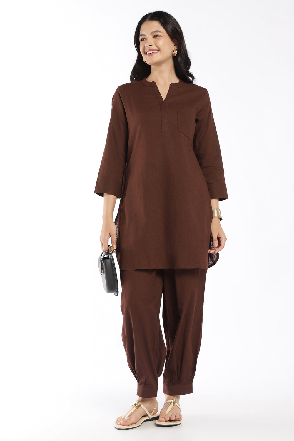 Womens Regular Fit Brown Solid Kurta Pant Set - Image 1