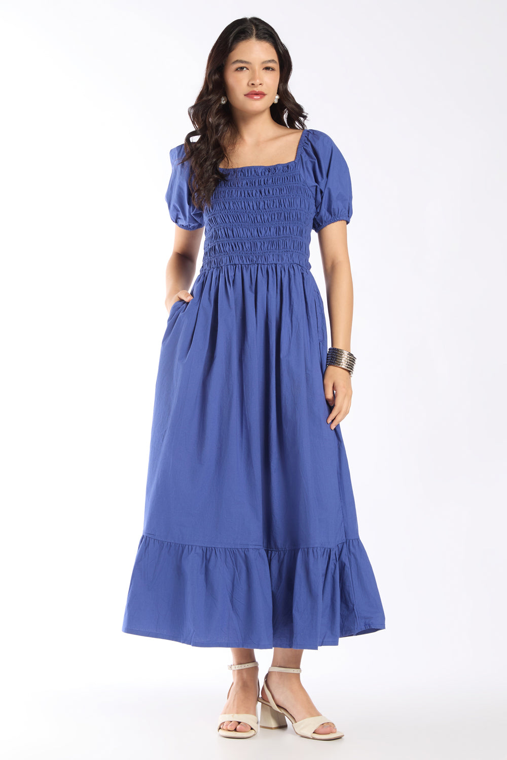 Womens Flared Blue Smocked Maxi Dress - Image 1