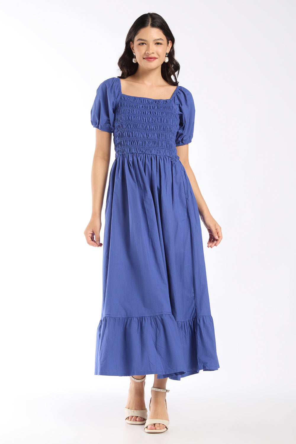 Womens Flared Blue Smocked Maxi Dress - Image 2