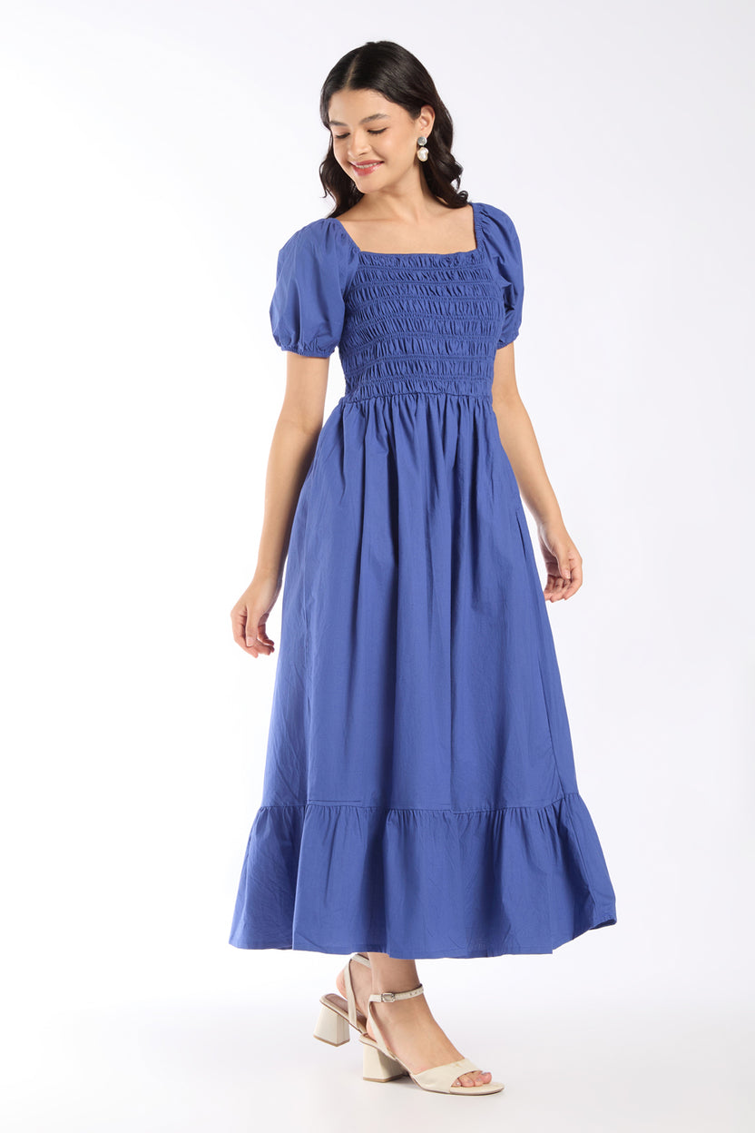 Womens Flared Blue Smocked Maxi Dress - Image 4