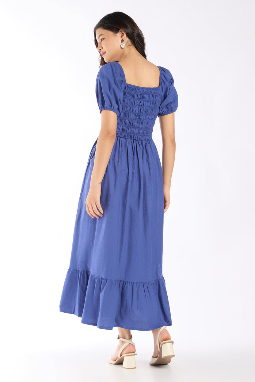 Womens Flared Blue Smocked Maxi Dress - Image 5