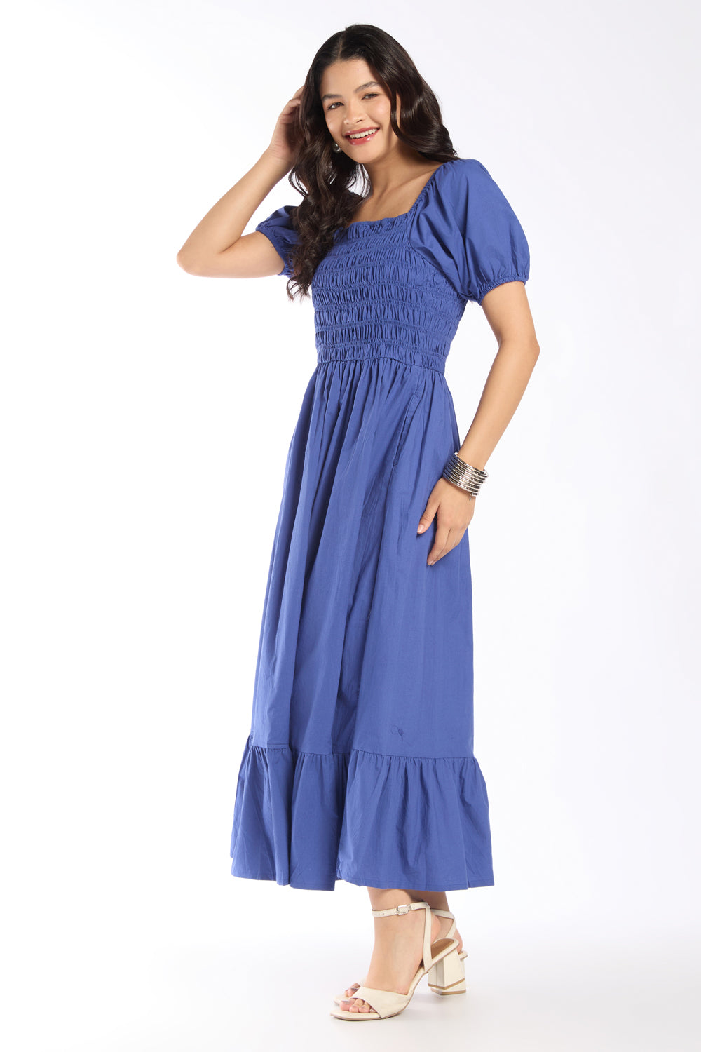 Womens Flared Blue Smocked Maxi Dress - Image 6