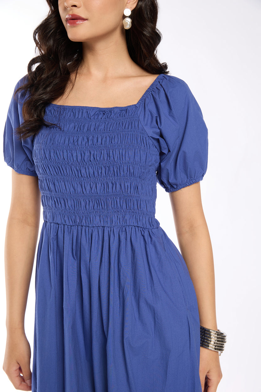Womens Flared Blue Smocked Maxi Dress - Image 7