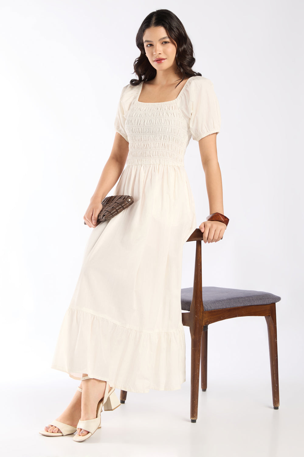 Womens Flared White Smocked Maxi Dress - Image 1