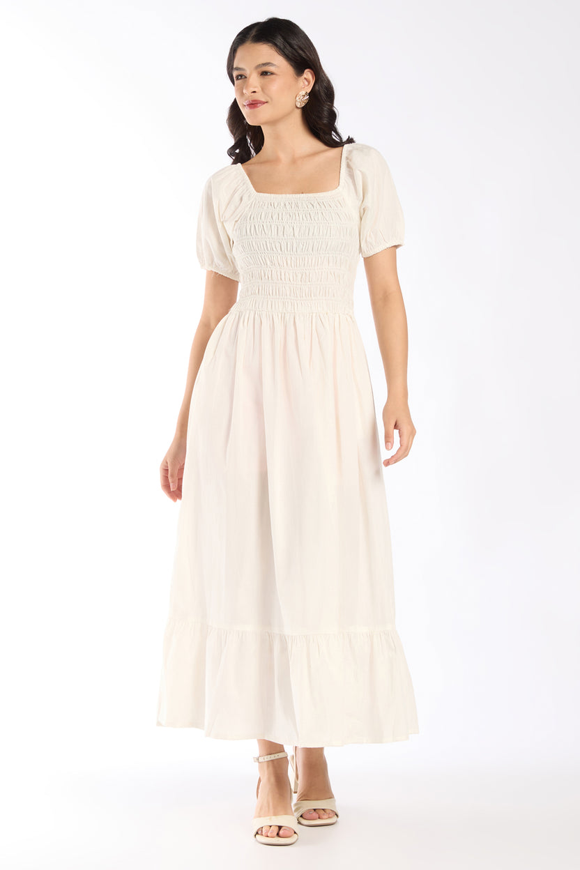 Womens Flared White Smocked Maxi Dress - Image 2