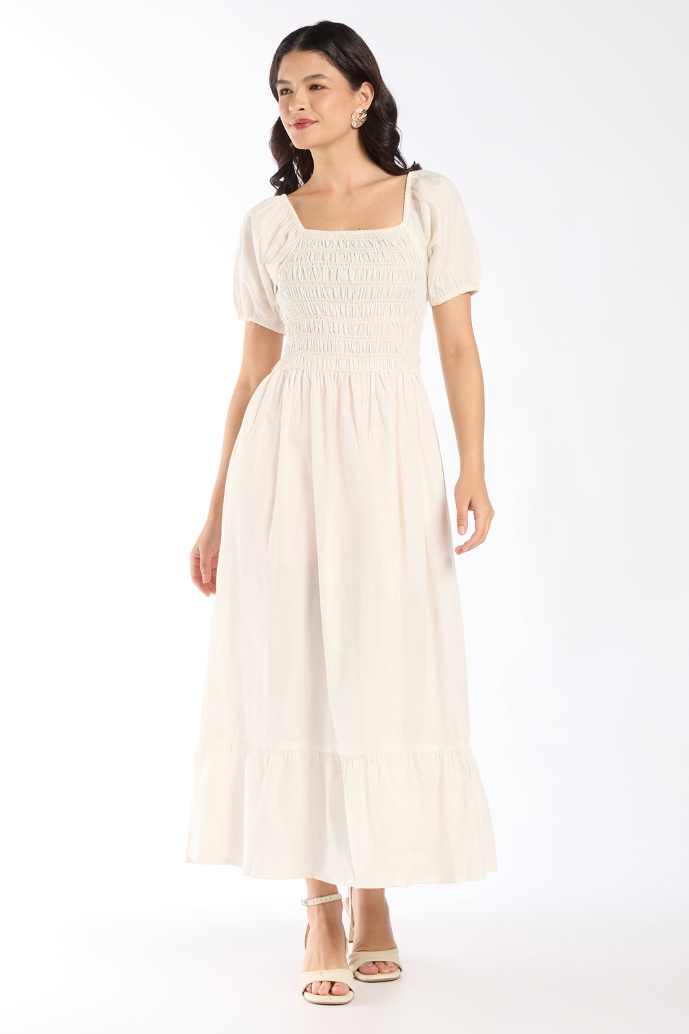 Womens Flared White Smocked Maxi Dress - Image 2